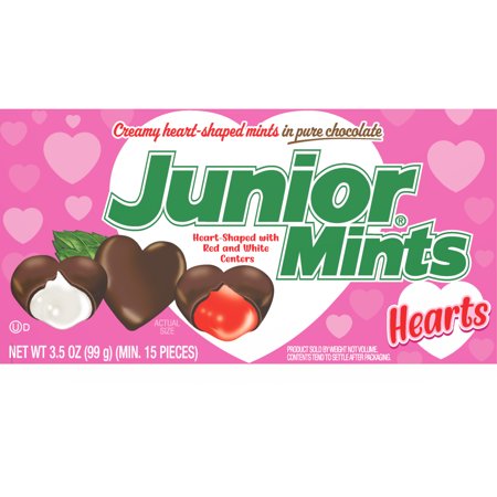 Junior Mints, Valentine Chocolate Covered Mint Candy, 3.5 oz Theater Box. Peanut Free, Gluten Free. Egg and Milk may be present.
