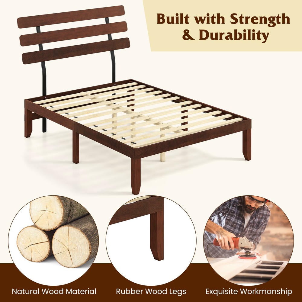 Barara King Full Size Bedroom Bed Frame with Retro Headboard, 15.5 Inch Solid Wood Bed Platform Frame for Apartment, Bedroom, Brown