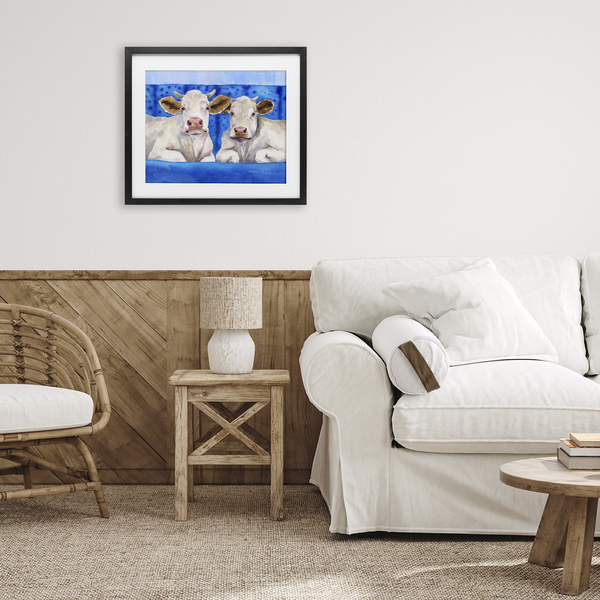 Stupell Industries White Cows on Blue Sofa Black Framed Print Under Glass, design by George Dyachenko