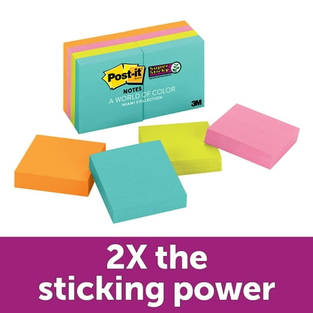 Post-it Super Sticky Notes 8 Pack, 2in. x 2in., Miami Collection