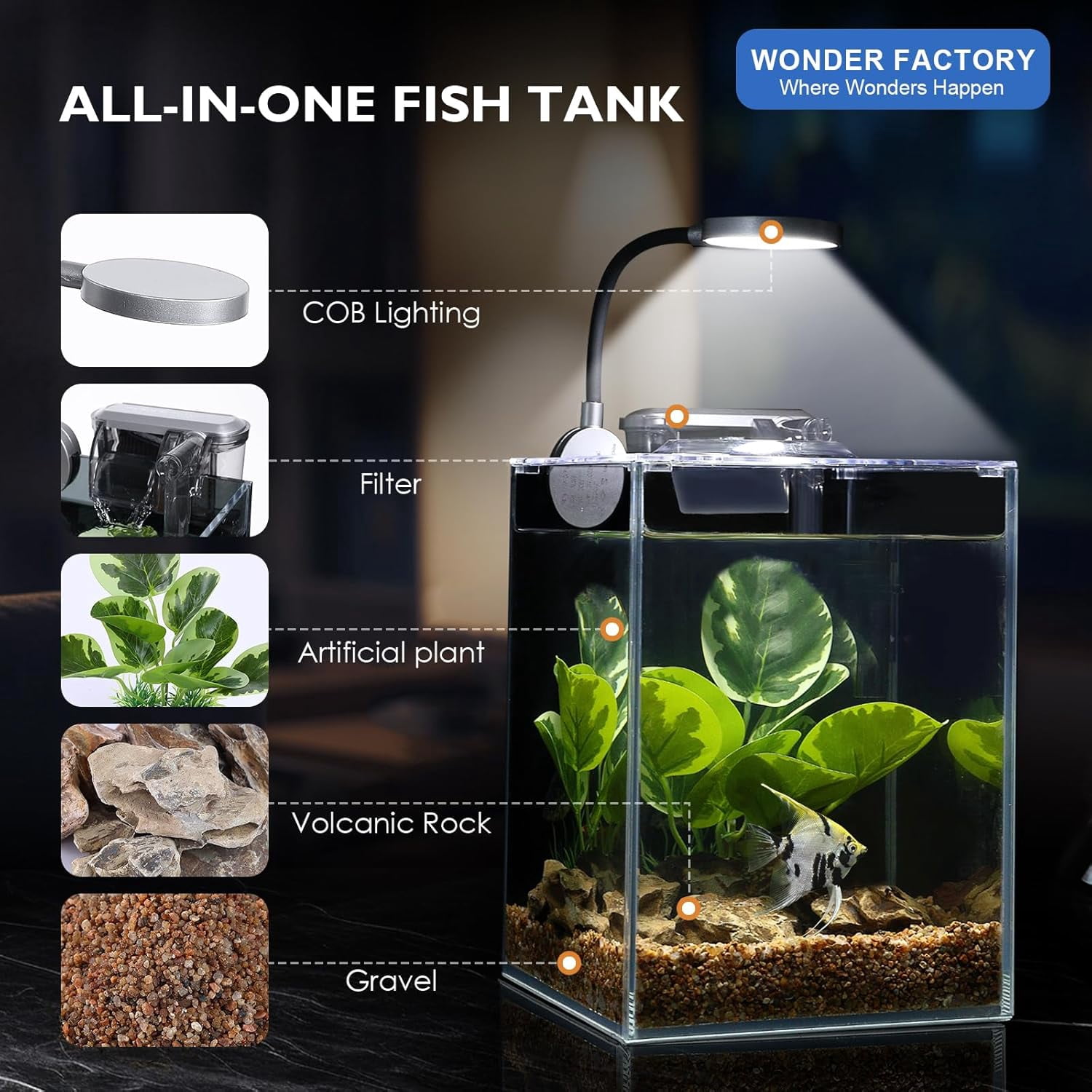 Desktop Small Aquarium Set Glass Fish Tank 1.25 Gallon, with Water Pump Filter Bright LED Light Gravel Cleaning Tool, Starter Kit Small Space Easy Setup Space-Saving Design Betta Shrimp