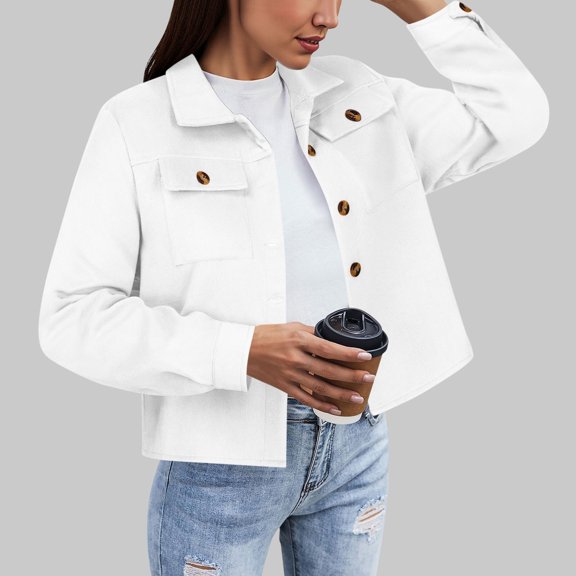 ClodeEU Women's Cropped Wool Blend Jacket,Long Sleeve Button Down Fall Light Jackets White,Womens Plus L
