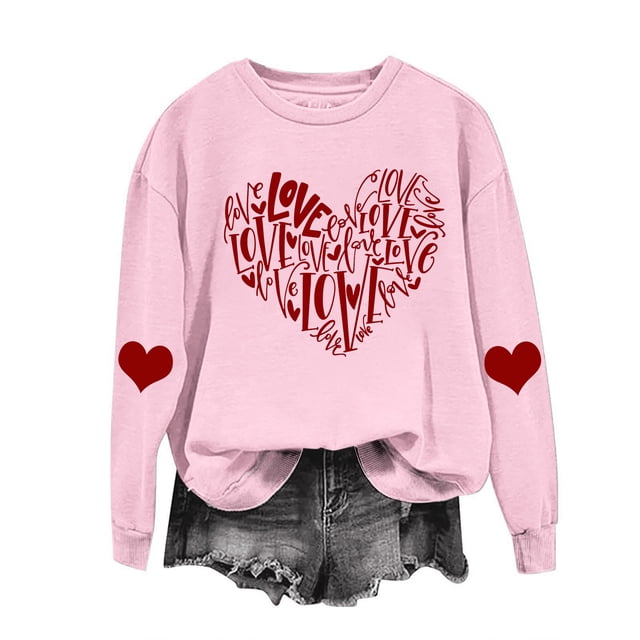 RKSTN Chandail de la Saint-Valentin pour Femmes avec Cœur Imprimé, Chandail Uni à Col Rond, Manches Longues, Coupe Ample