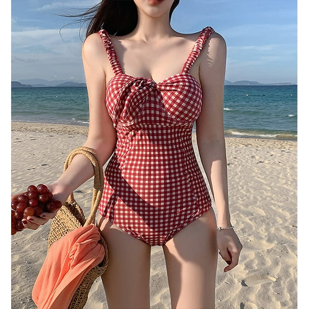 Swimwear For Women Clearance Women s Trendy Sexy Bow Plaid Printed One Piece One Piece Swimsuit Bikini Red Xl