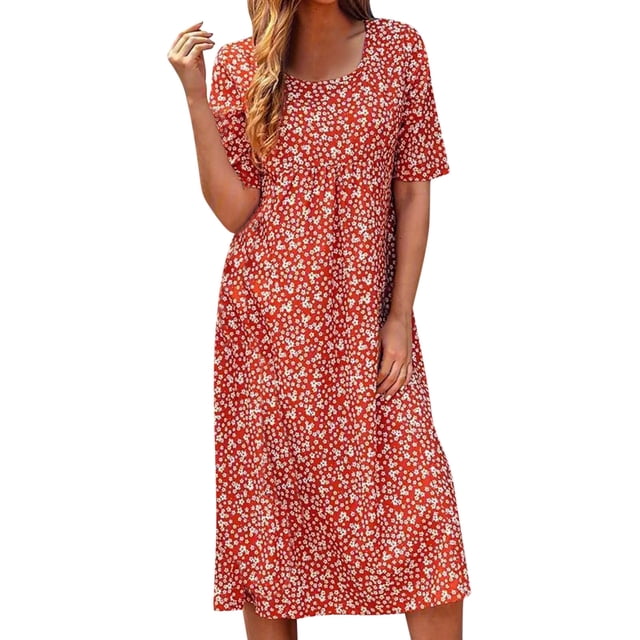 Ketyyh-chn99 Chemises Habillées pour Femmes Robe Évasée à Fleurs Robe d'Été Manche à Volants Ample Fluide Plissée Mini-Robe Rouge,2TG