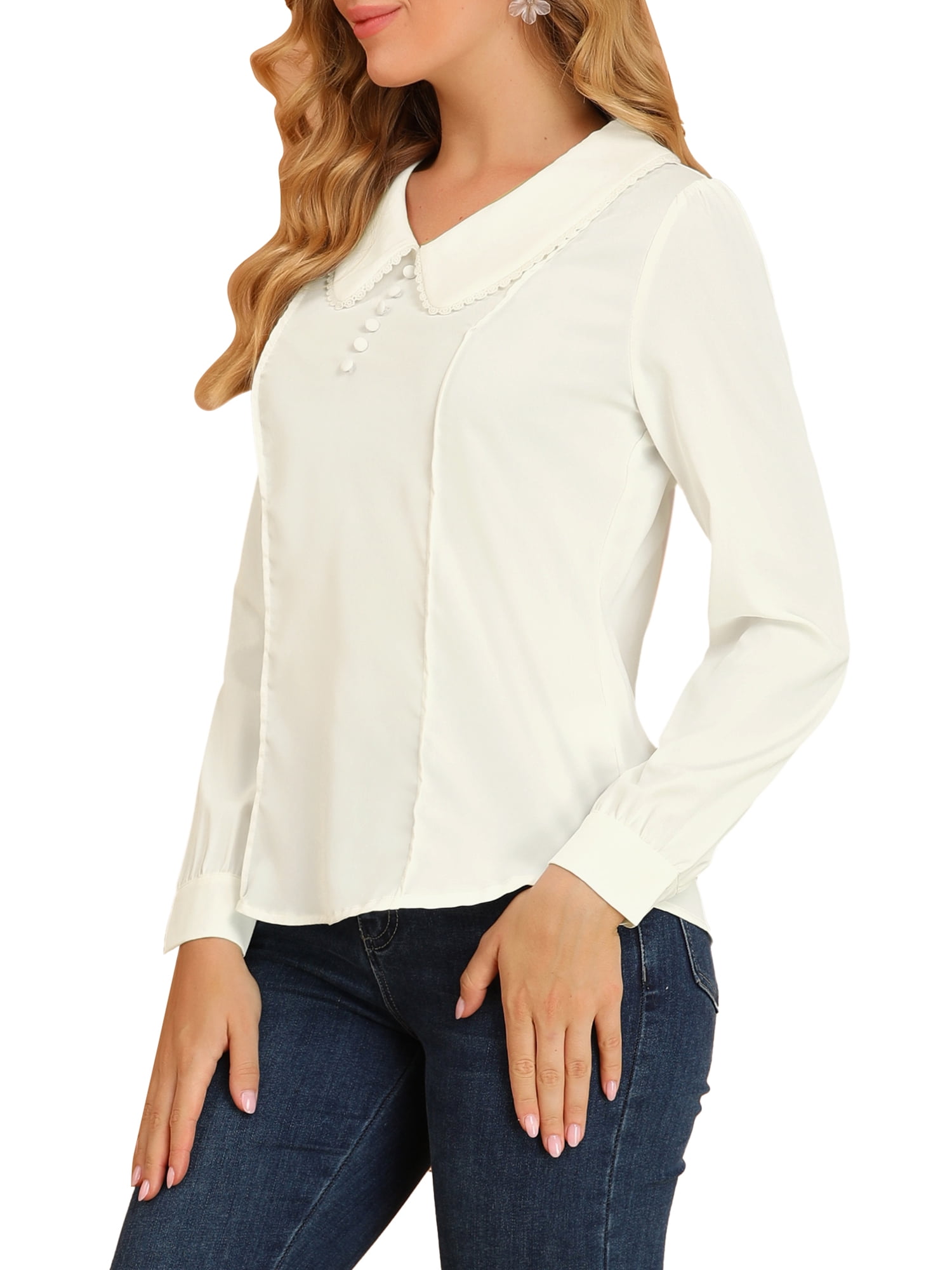 DARING DIVA Women's Peter Pan Collar Button Chiffon Blouse M White