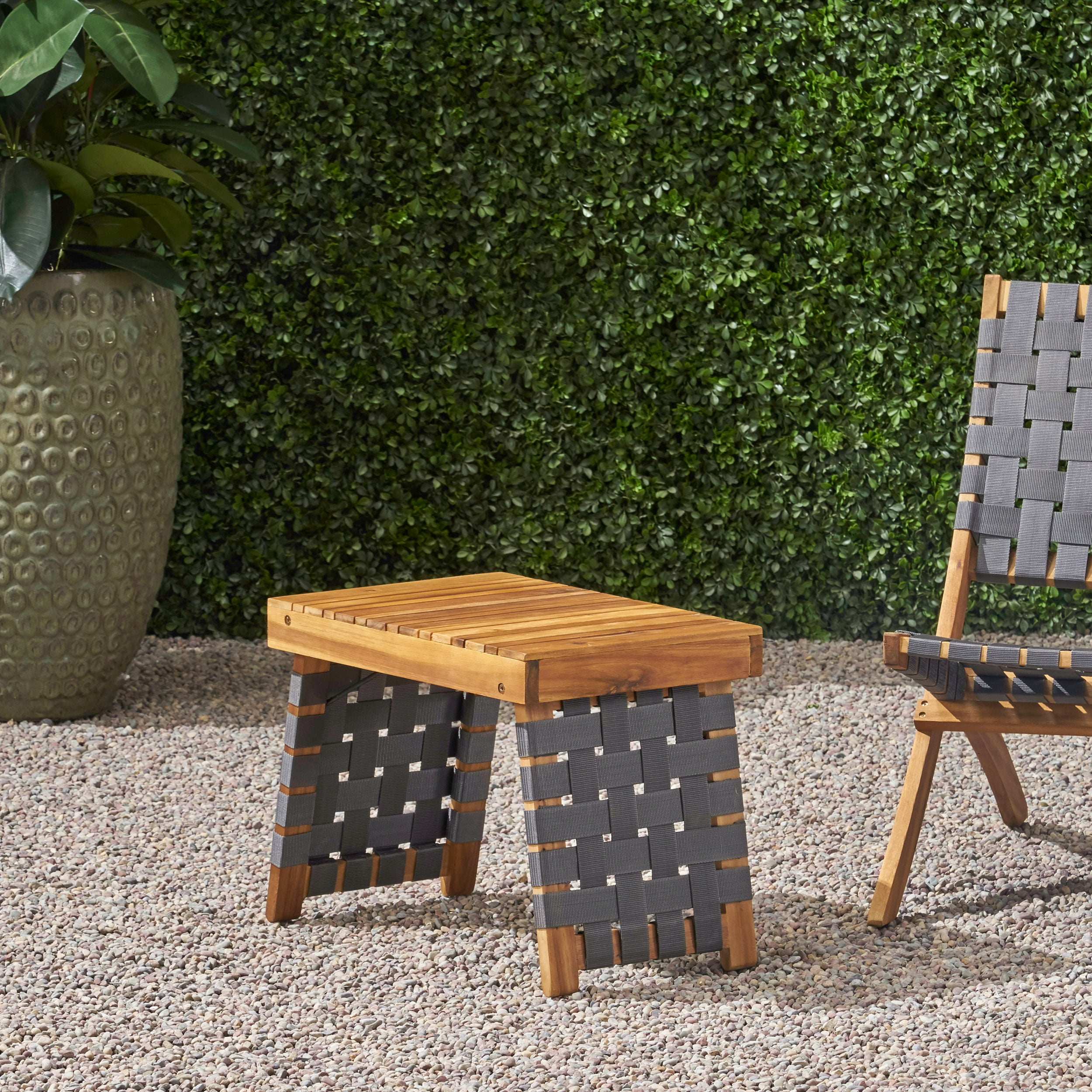 Euroco Foldable Outdoor Acacia Wood Side Table with Woven Nylon Accents, No Assembly Required
