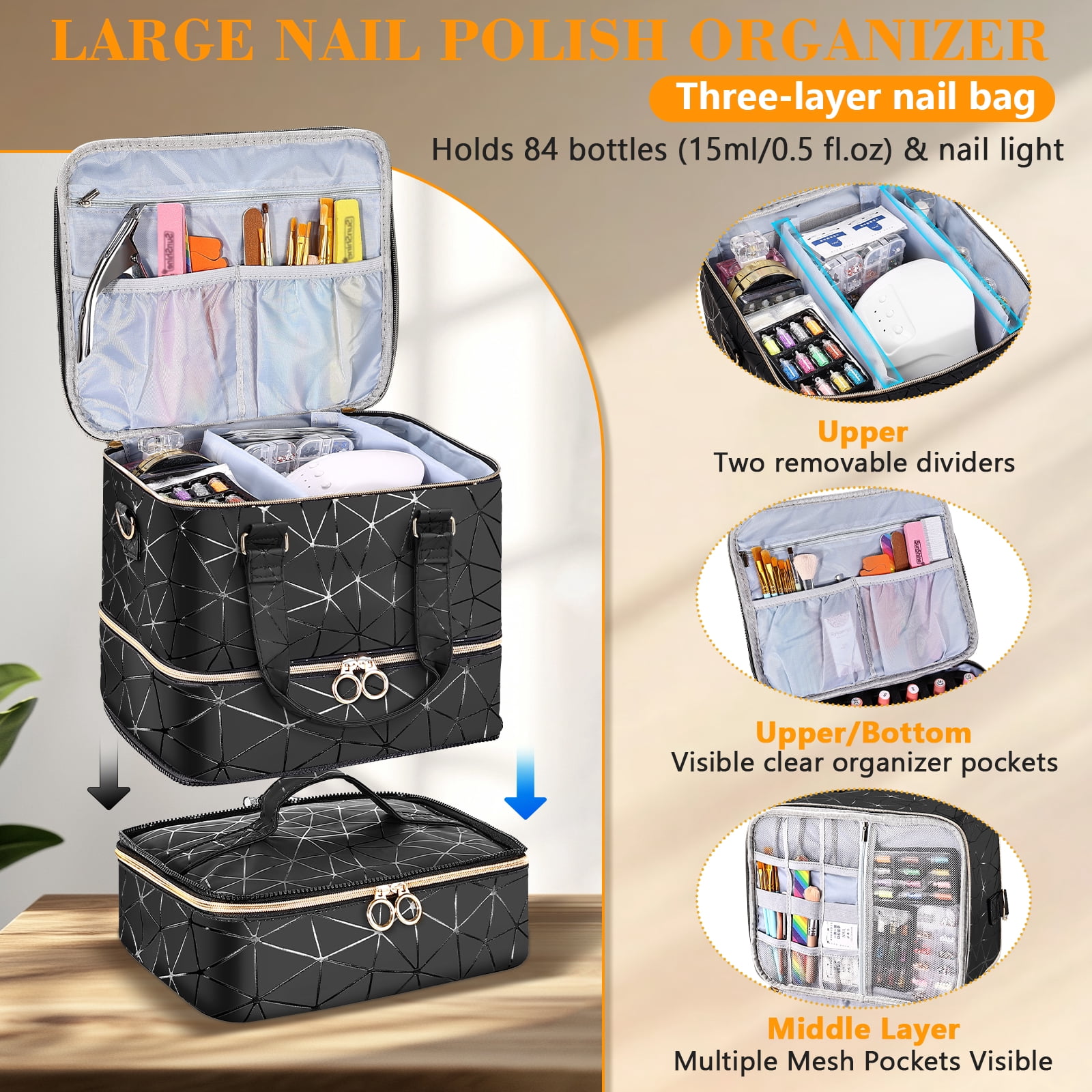 YAYUFN Nail Bag Organizer Case Holds 84 Bottles(15ml/0.5fl.oz) ,3 Layers PU Leather Nail Supplies Storage Organizer Bag,Large Shoulder Strap Nail Polish Holder Travel Carrying Case,Black