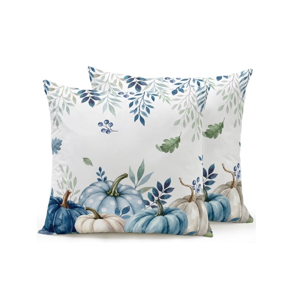 Outdoor Pillows Waterproof, Blue White Pumpkins Fall Bedding Throw Pillows with Insert for Couch Sofa Bed, Thanksgiving Eucalyptus Leaf 16x16 Inch Pillowcases Decorative Camping Patio Pillow Set of 2