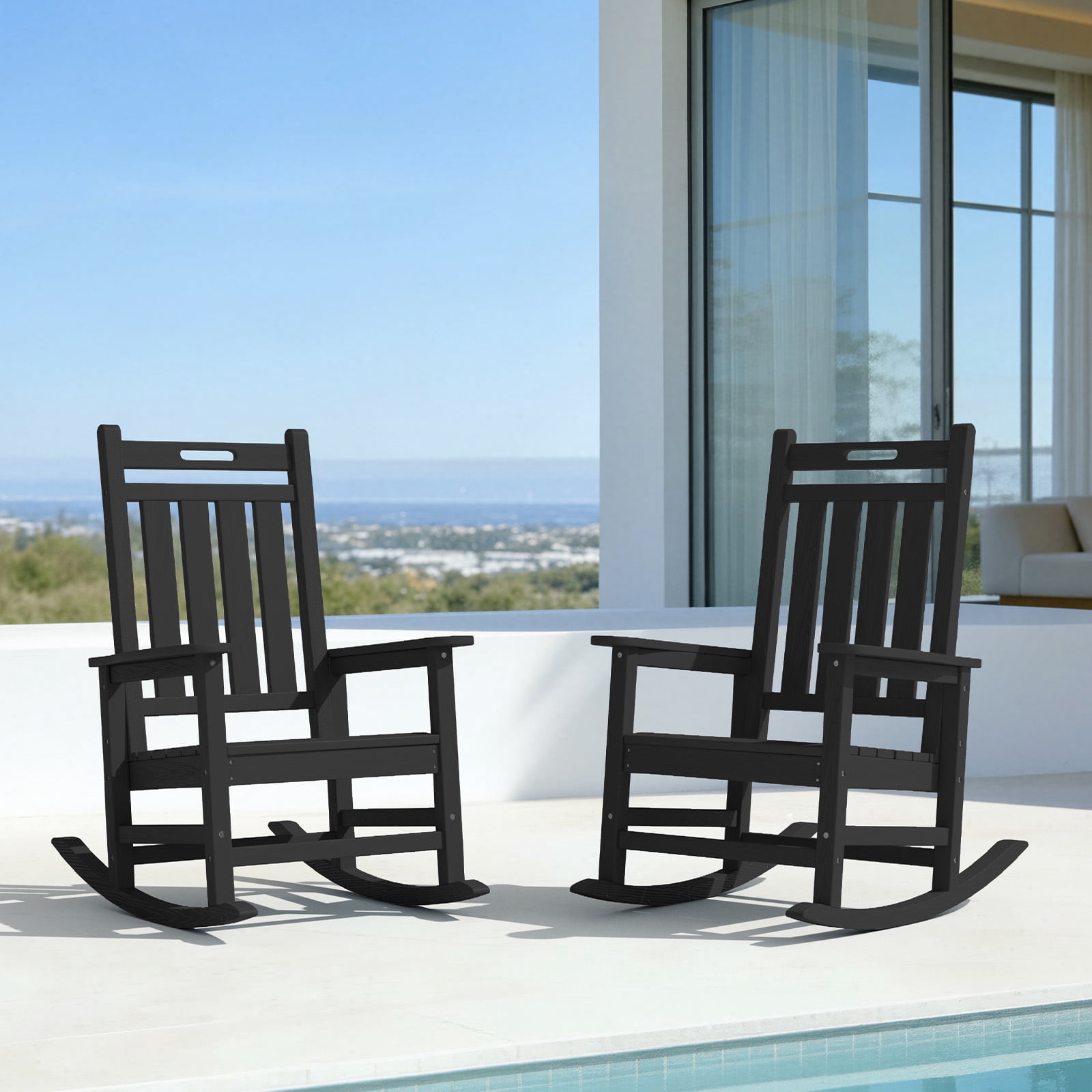 LOYALICE 2PC HDPE Outdoor Rocking Chair for Porch Patio, All-Weather High Back Rocker with Wood-Grain Texture, Heavy-Duty Deck Garden Seating, Fade-Resistant & Easy to Clean,Black