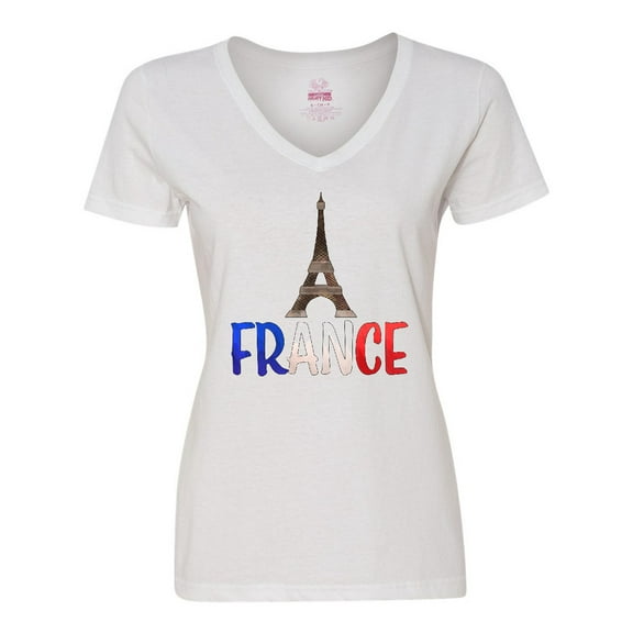 Inktastic France Eiffel Tower Flag in Text Women's V-Neck T-Shirt