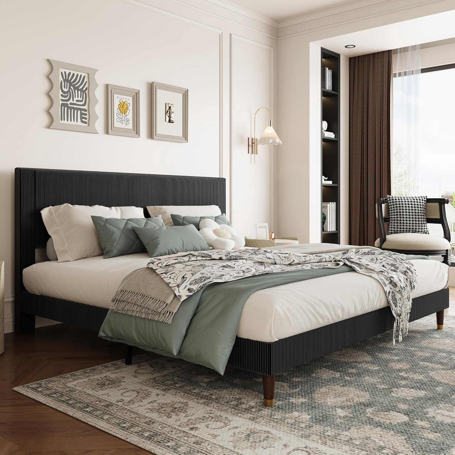 King Size Bed Frame with Upholstered Headboard and Strong Wooden Slats Support, Soft Corduroy Fabric Platform Bed, No Boxing Spring Needed, Easy Assembly, Black