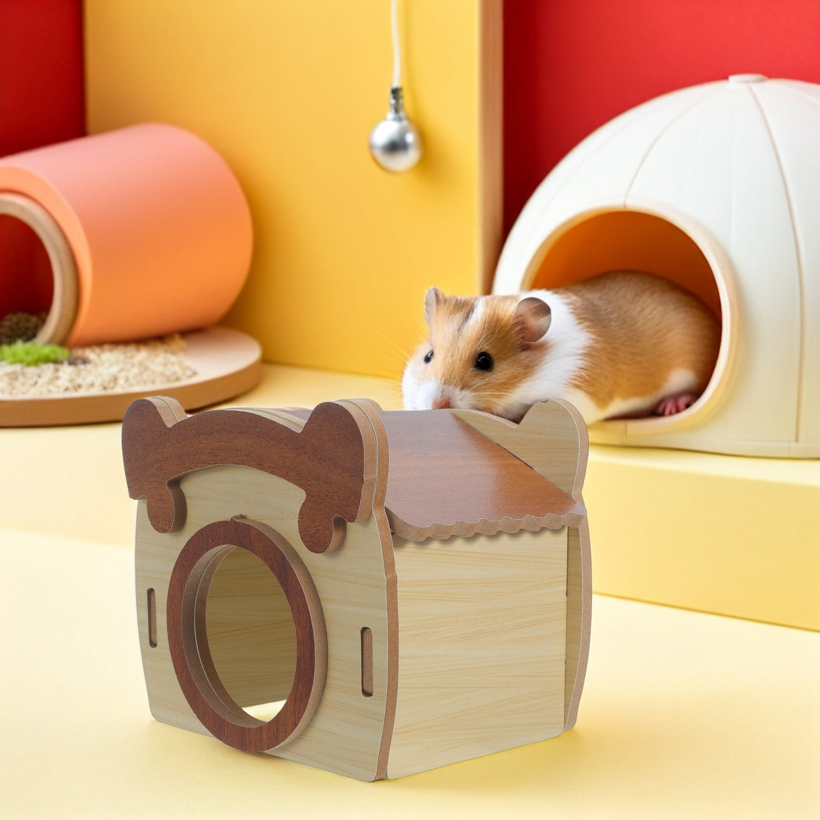 LOLIPPYY Wooden Rodent Hideout Light Brown Enclosed Chambers Detachable Shelter for Indoor Pet Cage