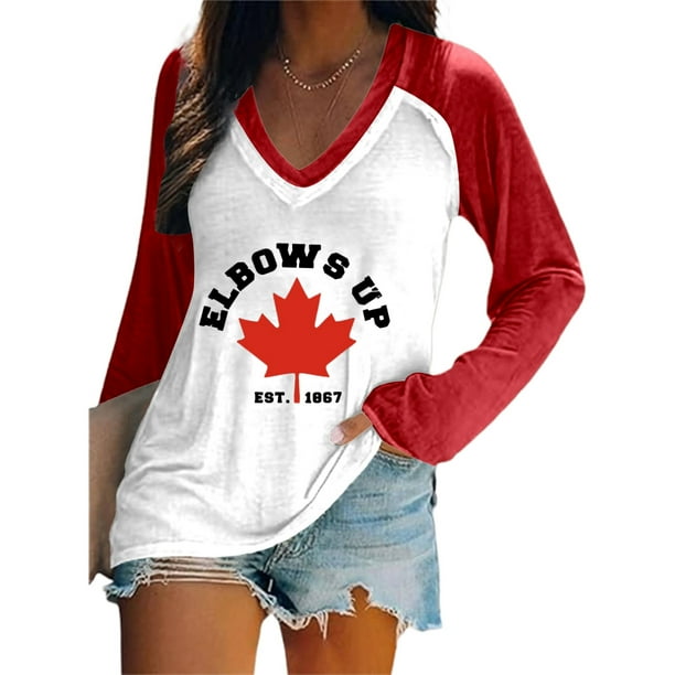 MHFRRA Camiseta de Manga Larga con Cuello En V y Estampado de La Bandera de Canadá para Mujer Rojo