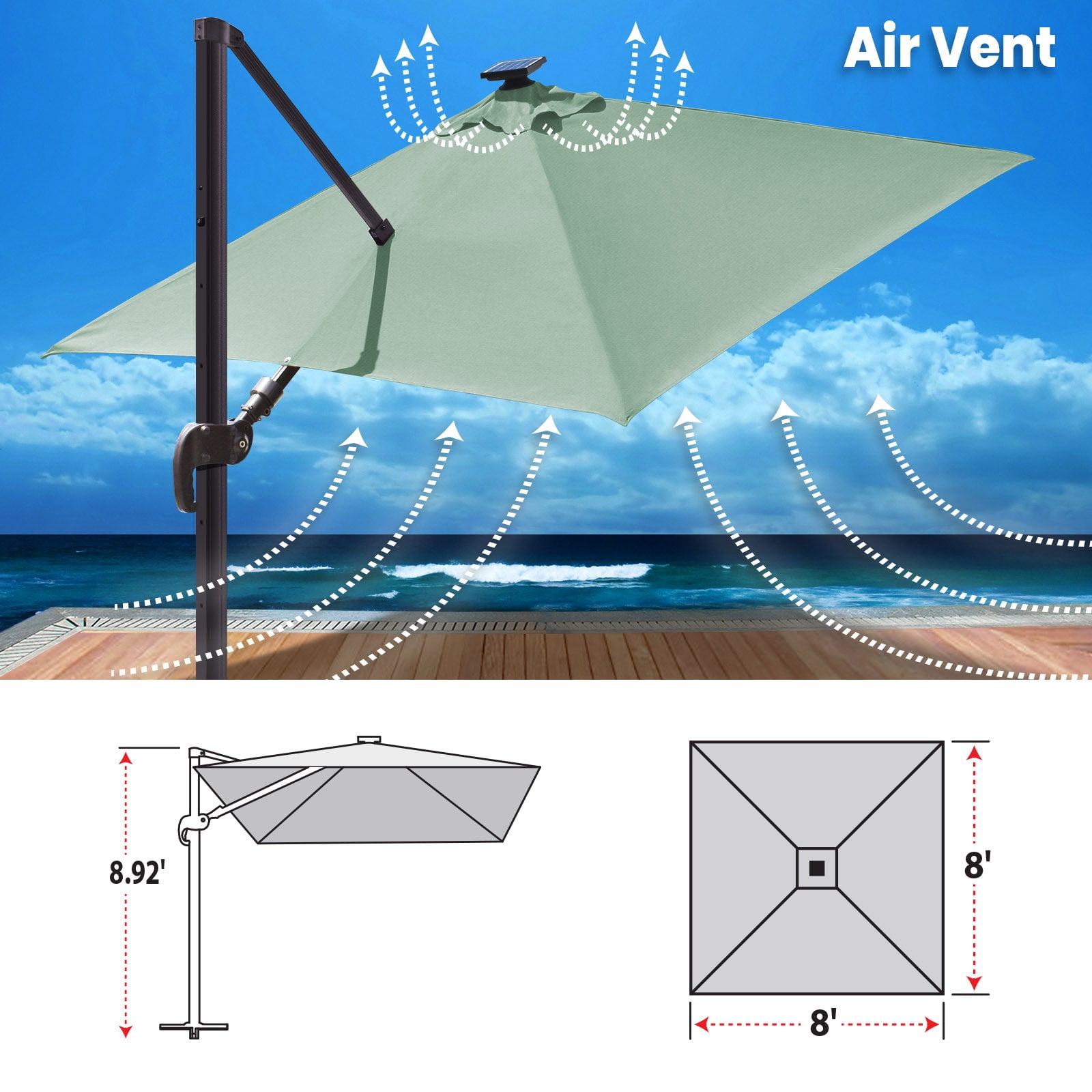 SUNNYOUTDOOR 8'x8' Deluxe Cantilever Umbrella LED Lighted Umbrella Sunbrella Cover Patio Umbrella Garden Outdoor (Spa)