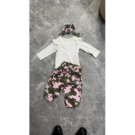 

Mama s sunshine Baby Girl Fall Outfit Ruffle Long Sleeve Ribbed Romper Camouflage Print Pants Headband Belt 4 Piece Set