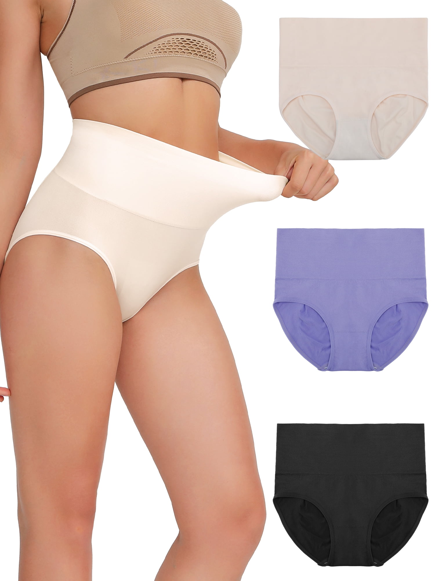 Womens Seamless Stretch Tummy Control Shapewear Panties 3 Pack Ladies Nylon High Waisted Brief