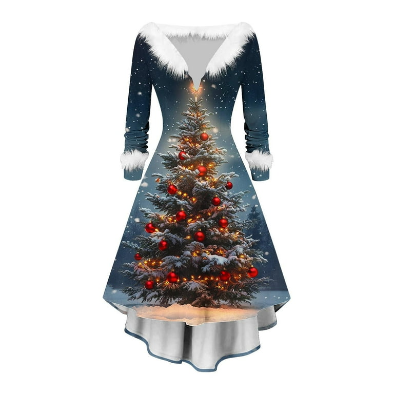 Women's Cocktail Dresses Christmas Print Faux Fur Collar Wedding Guest Dress  A Line Boho Cute Flowy Midi Dress - Walmart.com