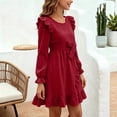 thumbnail image 7 of Girls Ruffle Dress Long Sleeve Crewneck Waist Belt Dress Kids Solid Color Casual Comfortable Outfits for Daily Wear Red 9-10 Years, 7 of 7
