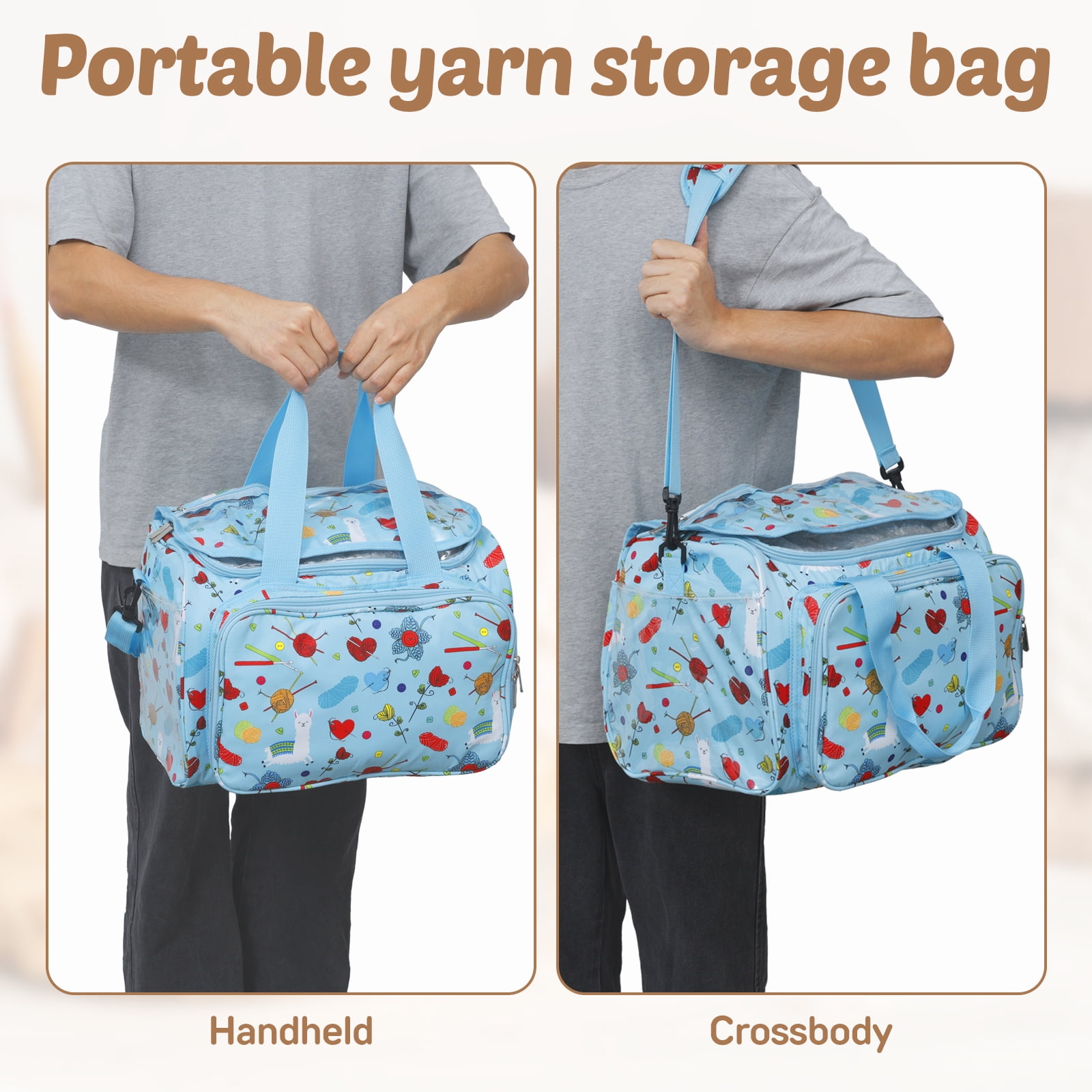 Threns Crochet Yarn Storage Bag Large Capacity Travel Knitting Bag Portable Oxford Cloth Wool Tote Organizer with Multi Pocket for Knitting Needle Crochet Hook