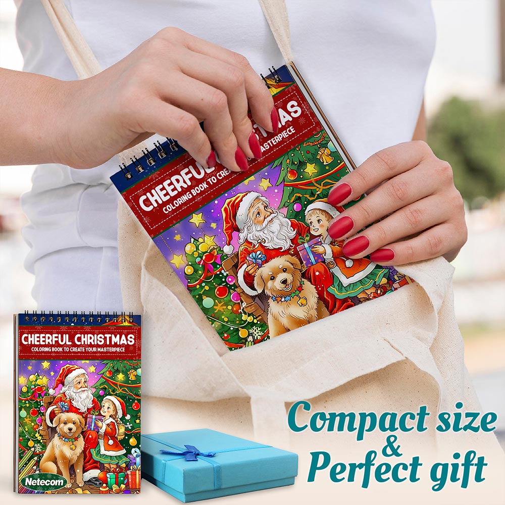 Netecom Cheerful Christmas Coloring Book Spiral Bound for Adults, A5 Wooden Cover, 30 Cute and Cozy Coloring Pages for Holiday Scenes, Stress Relief and Relaxation