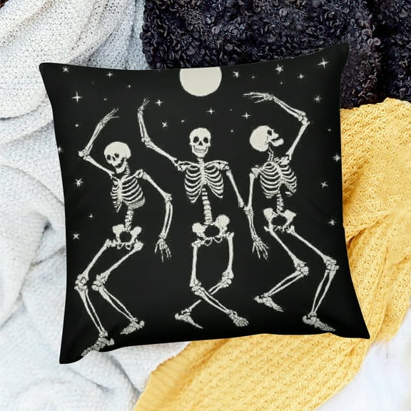 FCXZI Halloween Throw Pillow Cover   Dancing Skeletons with Moon and Bats Design, Spooky and Fun Decorative Cushion Cover for Sofa and Couch Decor 18x18in