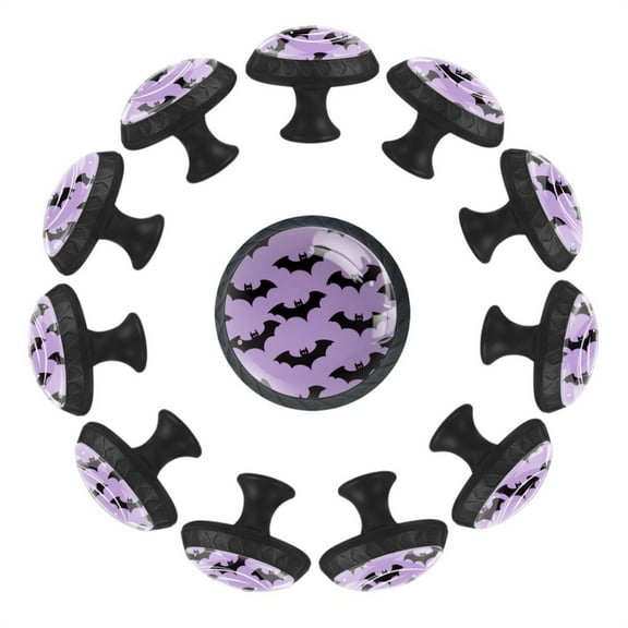 12 Pieces Halloween Flying Black Bat Silhouette on Violet Background Glass Knobs for Dresser Drawers, 1.37 x 1.10 IN Round Kitchen Cabinet Pulls For Home Office Nursery Kids Room