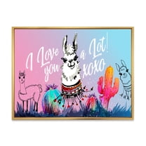 Designart 'I Love You A Lot Llama Alpaca Cartoon Portrait' Children's Art Framed Canvas Wall Art Print