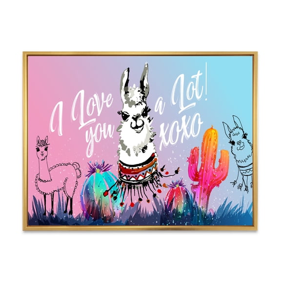 Designart 'I Love You A Lot Llama Alpaca Cartoon Portrait' Children's Art Framed Canvas Wall Art Print