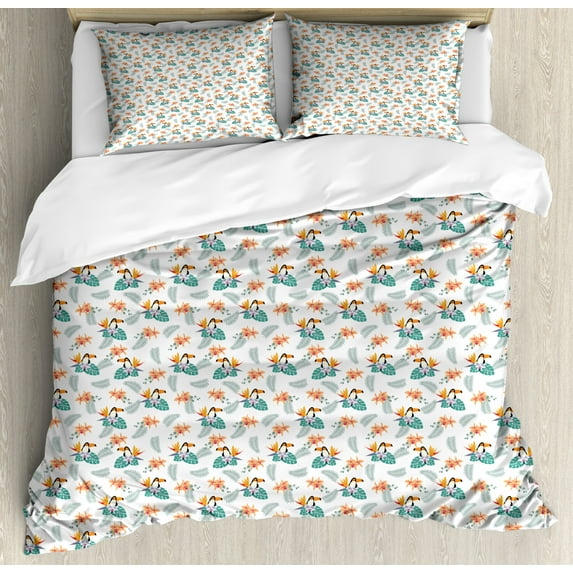 Birds Duvet Cover Set King Size, Foxwood and Orchid Flowers with Palm Leaves Tropical Flora Fauna Hawaii Toucan Animal, Decorative 3 Piece Bedding Set with 2 Pillow Shams, Multicolor, by Ambesonne