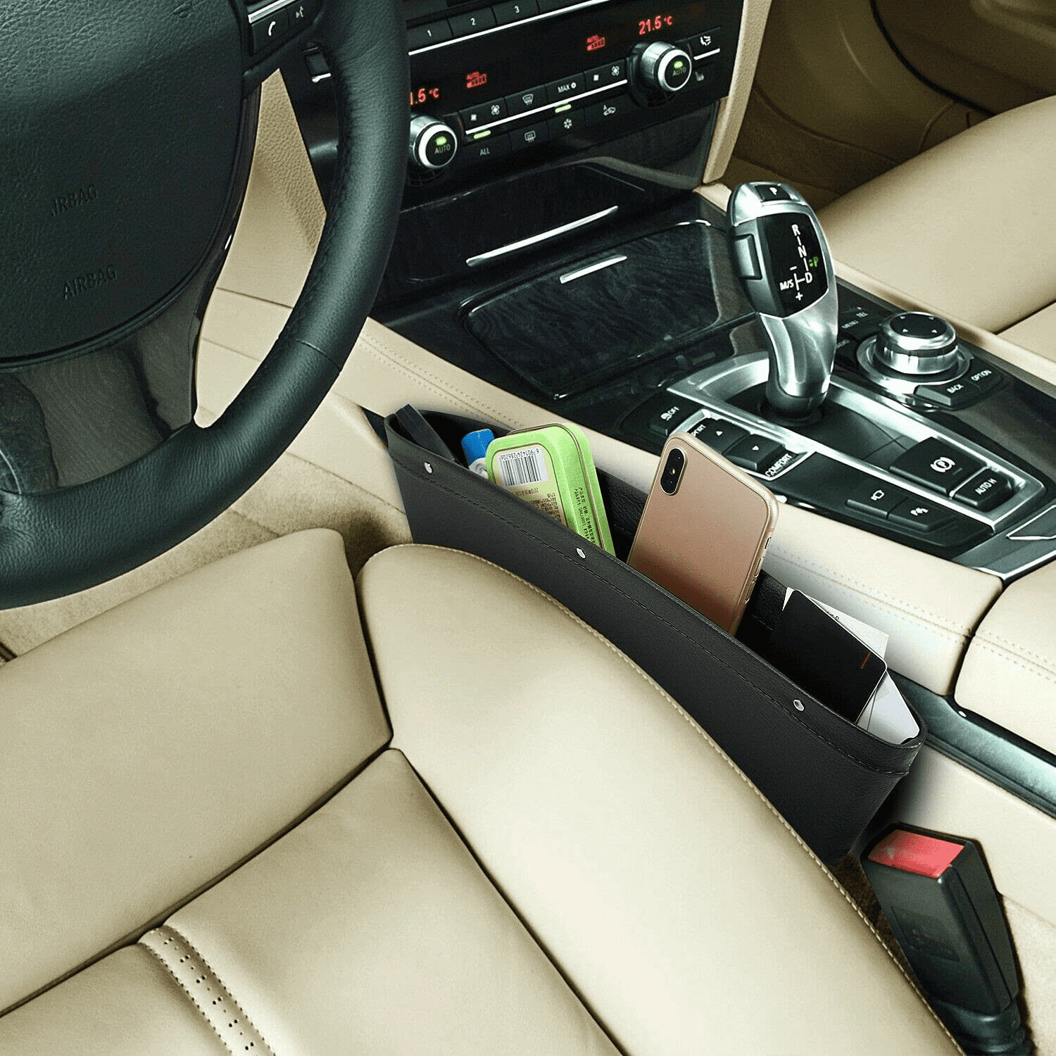 Car Seat Gap Filler Premium PU Full Leather Seat Console Organizer Car Seat Caddy Catcher 2 Pack