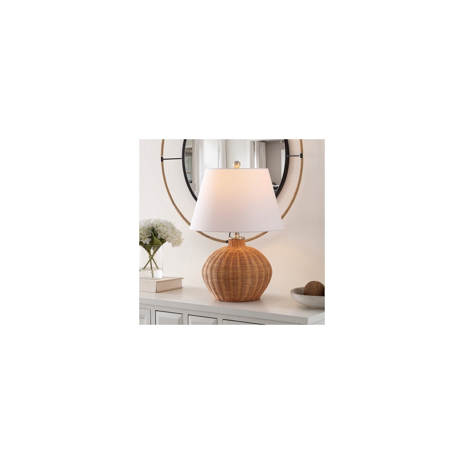 SAFAVIEH Juana 22 in. Coastal Nickel Rattan Table Lamp with White Cotton Shade