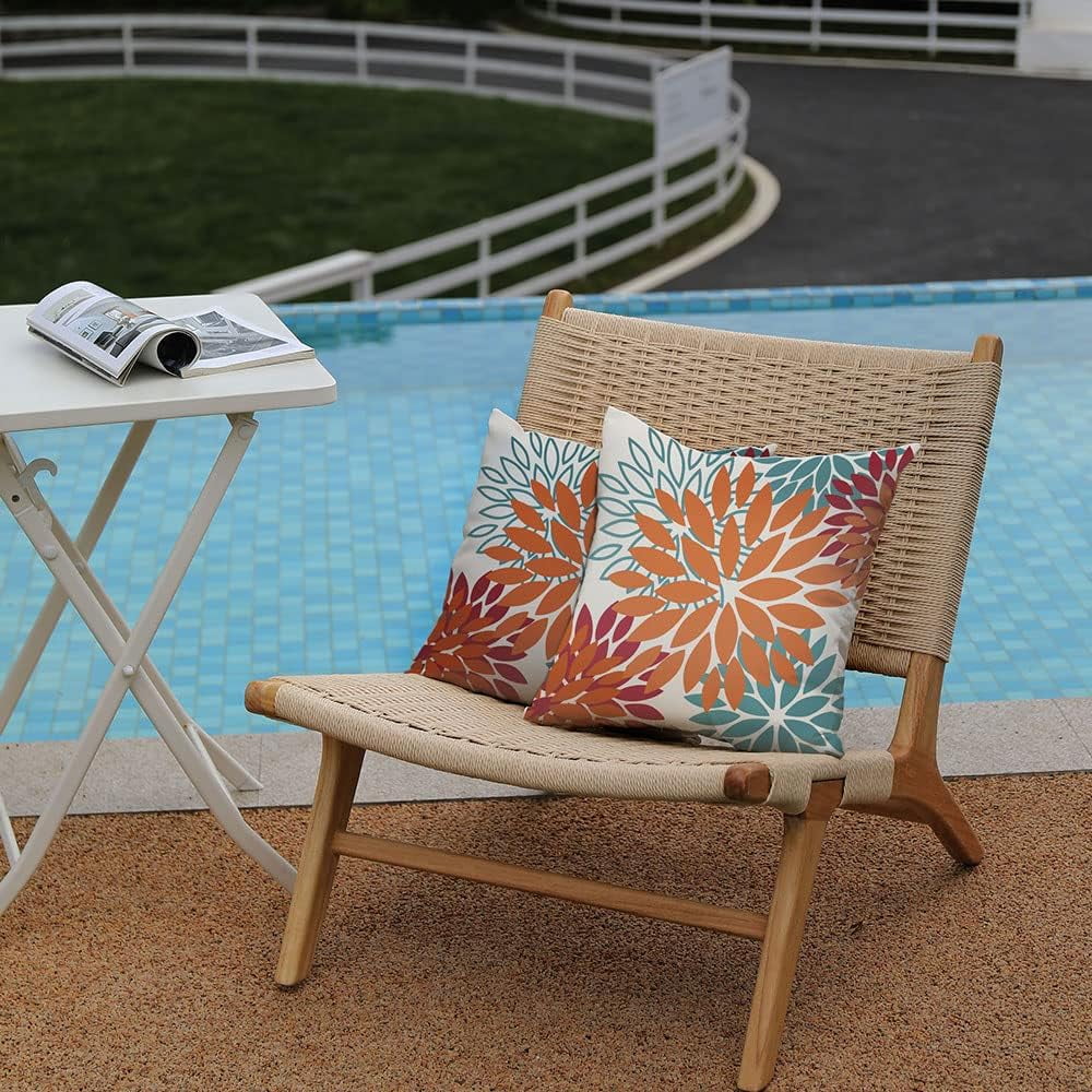 Orange Teal Red Flower Pillow Covers 22x22 Inch Set of 2 Fall Throw Pillows Outdoor Waterproof Decor for Living Room Sofa Patio Funiture Garden Floral Polyester Pillow Covers 002Y22