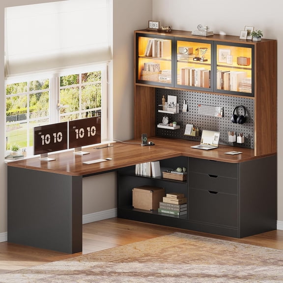 L Shaped Computer Desk with 3 Drawers, Modern Corner Office Desk with LED Light, Display Cabinet and Pegboard for Home Office, Living Room