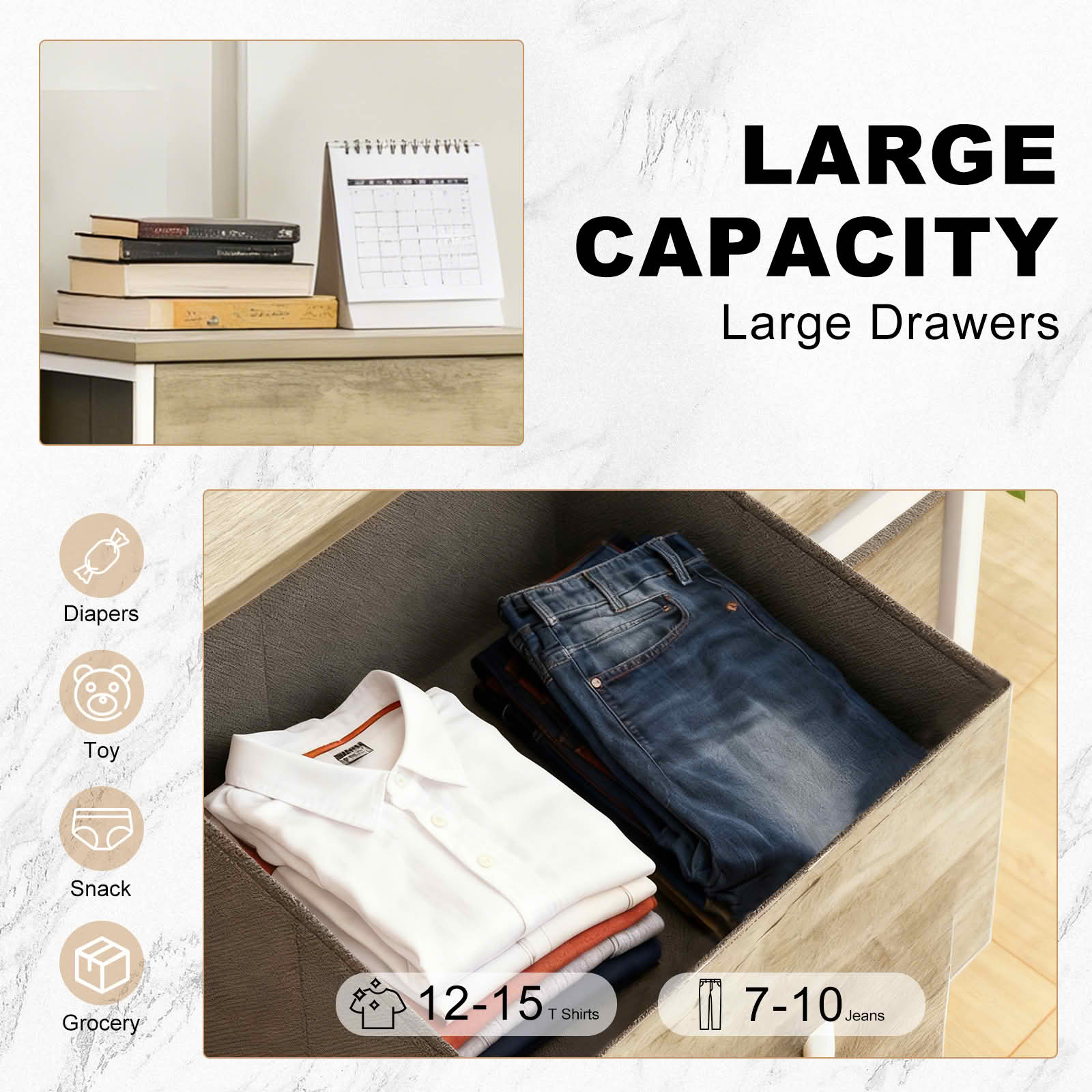 MAYEERTY Fabric Drawer Storage Cabinet with Wooden Top, Multifunctional Nightstand Dresser Sideboard Organizer for Bedroom Closet Hallway