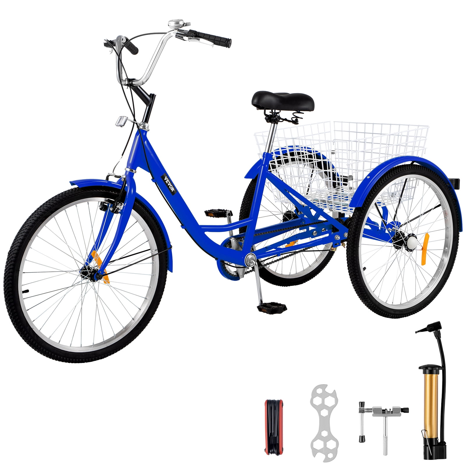 VEVOR Adult Tricycle Single Three Wheel Bike 24inch Seat Adjustable Trike with Bell Brake System and Basket Cruiser Bicycles Large Size for Shopping 24 Blue Single Walmart
