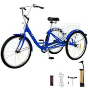 VEVOR Adult Tricycle Single Three Wheel Bike 24inch Seat Adjustable Trike with Bell Brake System and Basket Cruiser Bicycles Large Size for Shopping(24 Blue Single)
