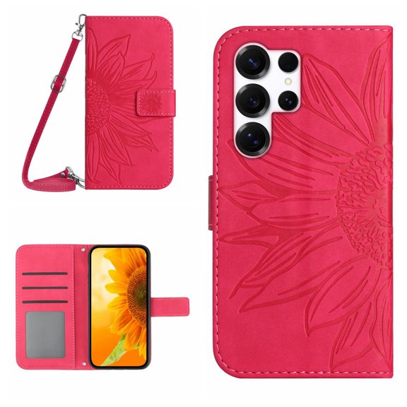Decase Wallet Case for Samsung Galaxy S26 Ultra,Stylish Flower Floral Embossed Texture PU Leather Flip Card Slot Stand Cover,Magnetic Closure Phone Cover with Wrist Strap,Rose