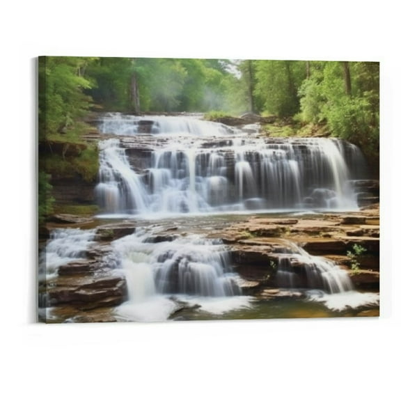 Creowell  Green Forest Waterfall Canvas Prints Wall Art - Falls Pictures Nature Wall Art Landscape Paintings Modern Artwork Home Decor Framed (Waterfall-20x16 Inch)