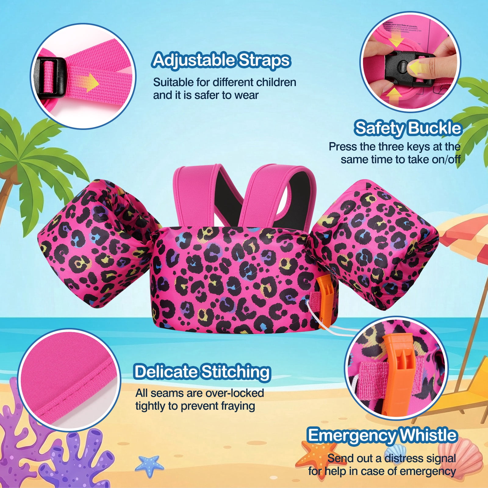 MoKo Kids Swim Vest with Armbands, Toddler Floaties for 20-50 lbs, 2-7 Years Girls Boy, Rose Red Leopard