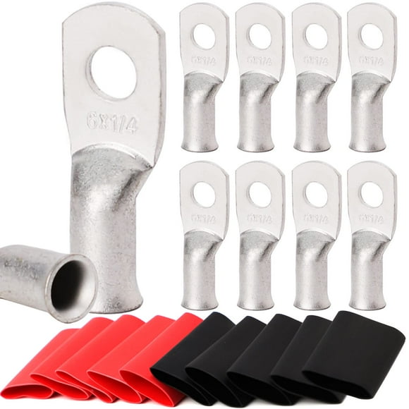 TKDMR 10pcs 6 Cosses de Fil de Cuivre de Qualité Marine de l'Anneau Awg-14, avec 3:1 Tube Thermorétractable, Extrémités de Câble de Batterie UL, Cosses de Câble Lourdes, Oeillets en Cuivre Étamés, Bornes Annulaires Tubulaires
