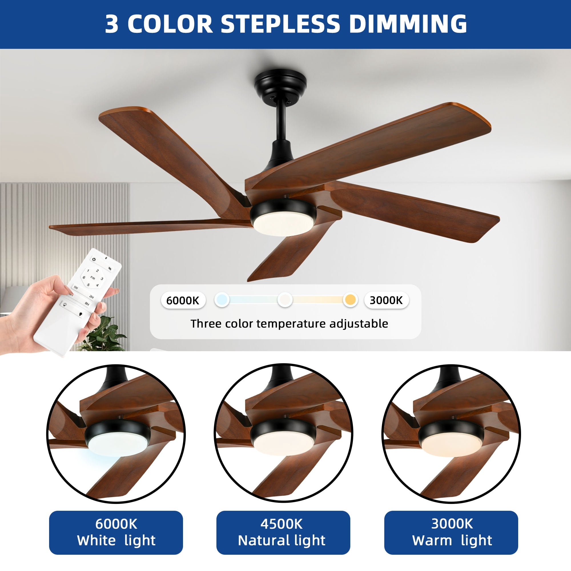 Dextrus 52'' Walnut Modern LED Downrod Indoor Reversible Ceiling Fan with Lights and Remote