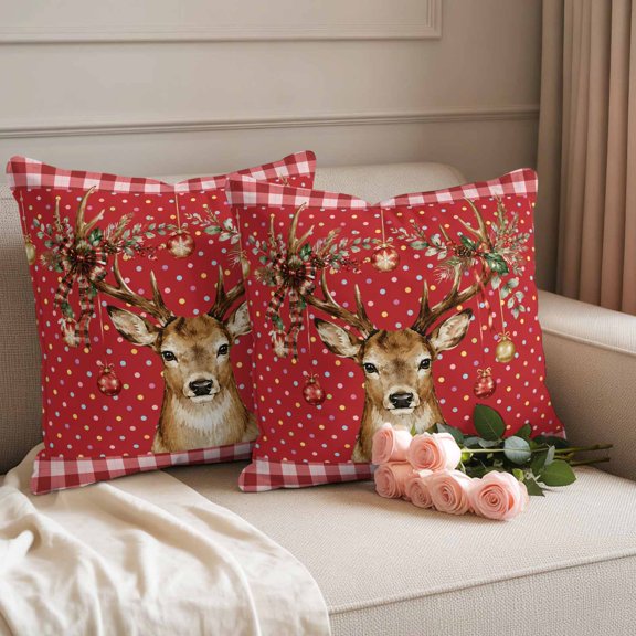 Outdoor Pillow Covers Christmas Rustic Reindeer Polka Dot Waterproof Pillow Cases 18x18 Set of 2, Light Balls Red Buffalo Throw Pillow Cover Pillowcase for Patio Balcony Couch Garden
