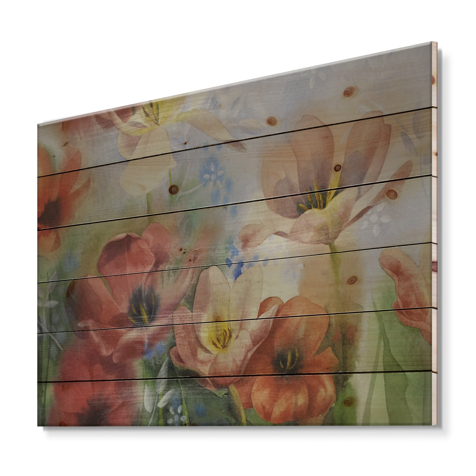Designart 'Ancient Flowers In Dark Pastel Colours' Traditional Print on Natural Pine Wood