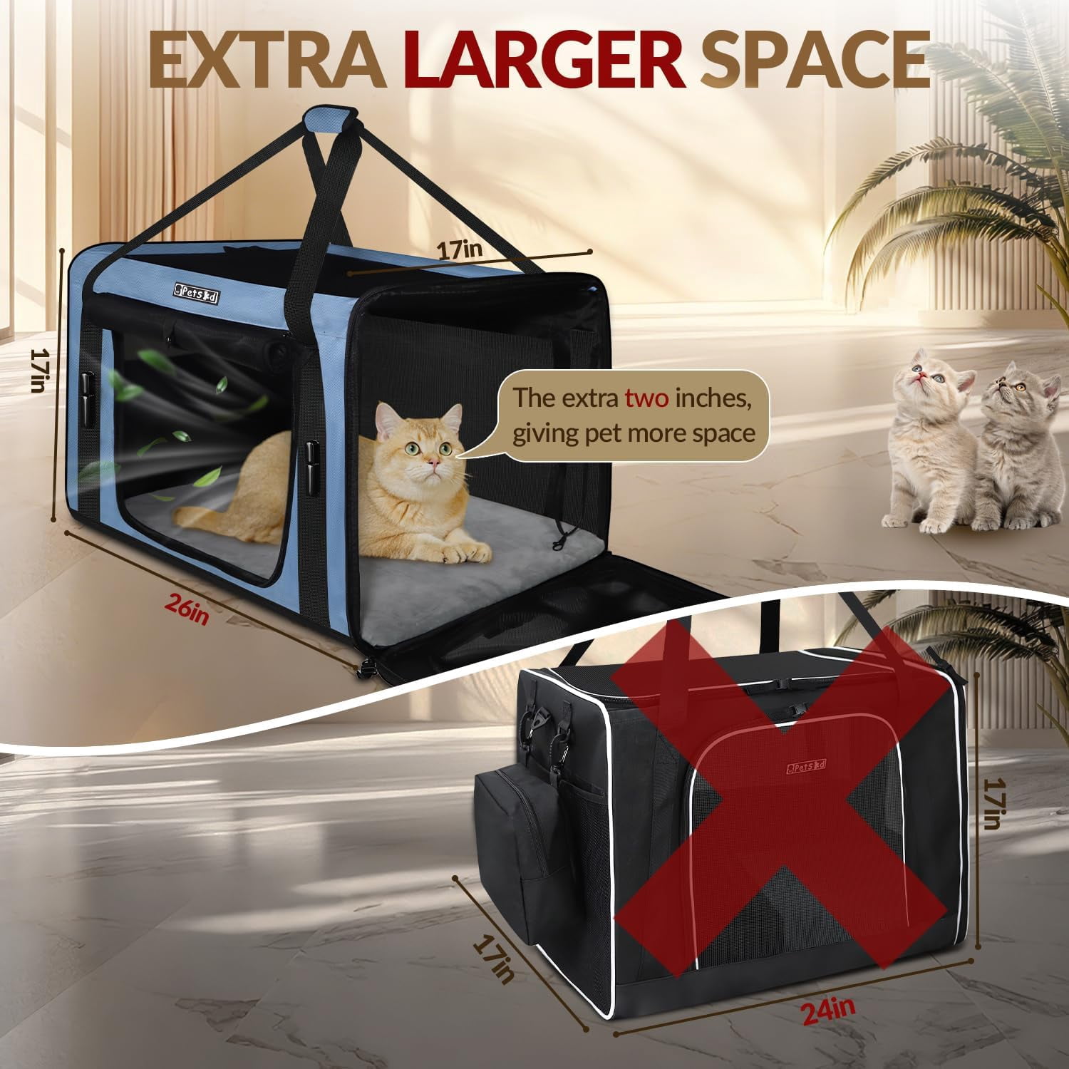 Large   with Litter Box for Car Travel, Soft Sided  for Cats  to 55lbs, Collapsible Dog Crate with  Belt Buckles and Locking Zippers (Blue)
