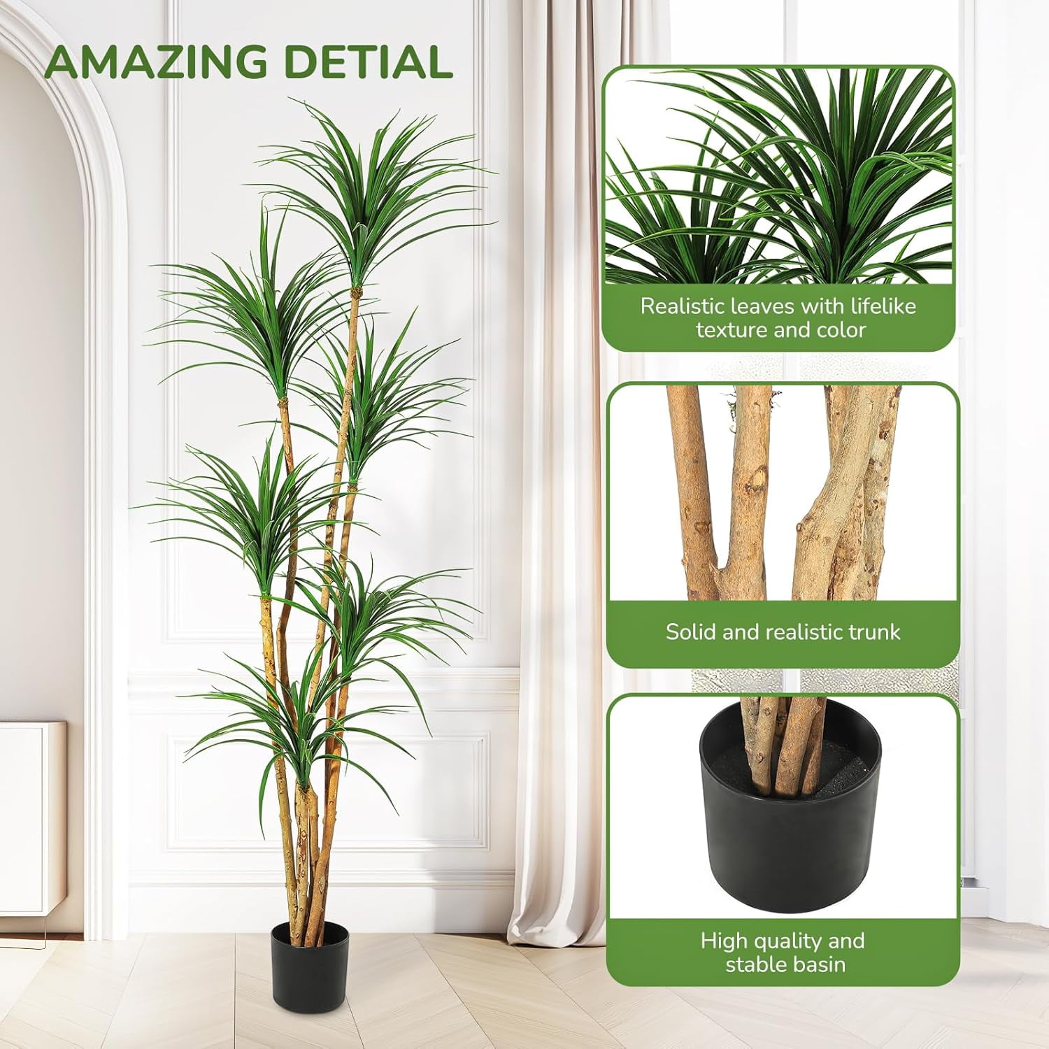 Artificial Dracaena Tree, 4/5/6 Ft Tall Fake Dracaena Tree For Indoor with Pot,Large Dracaena Plants for Home Decor And Housewarming Gift