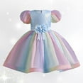 thumbnail image 2 of Princess Dress Girls Birthday Easter Dress Flower Fairy Tale Mesh Puff Sleeve Tutu Mesh Layered Flowy Gowns Bowband Ruffled Frocks Night Dress #Sky Blue 5-6 Years, 2 of 7
