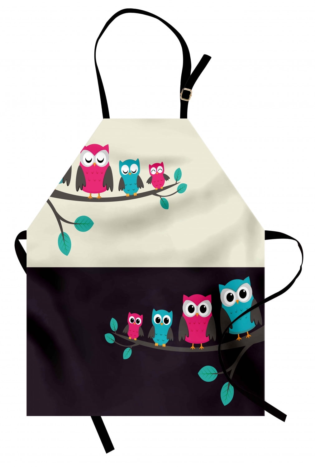 Nursery Apron Family of Owls Sitting on Branches Cute Characters Togetherness Mom Dad Children, Unisex Kitchen Bib Apron with Adjustable Neck for Cooking Baking Gardening, Multicolor, by Ambesonne