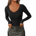 thumbnail image 1 of Remera PRETTYGARDEN Ajustada Cuello en V Manga Larga Negra XL, 1 of 8