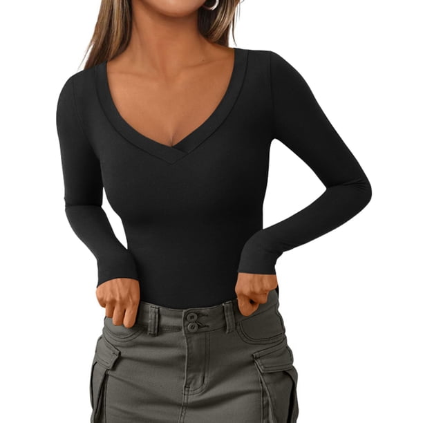 Remera PRETTYGARDEN Cuello en V Manga Larga Ajustada Negra Talle S